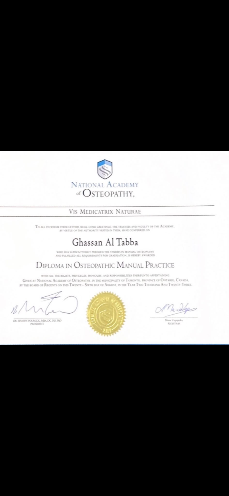 Diploma in Osteopathic Manual Practice, National Academy of Osteopathy, 2023