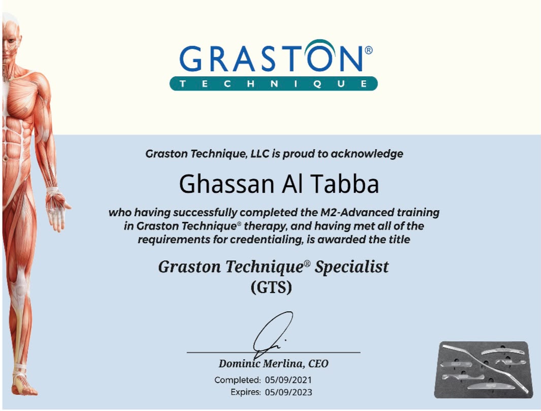 Certificate awarding Ghassan Al Tabba the title of Graston Technique Specialist (GTS) after M2-Advanced training, completed 5 September 2021