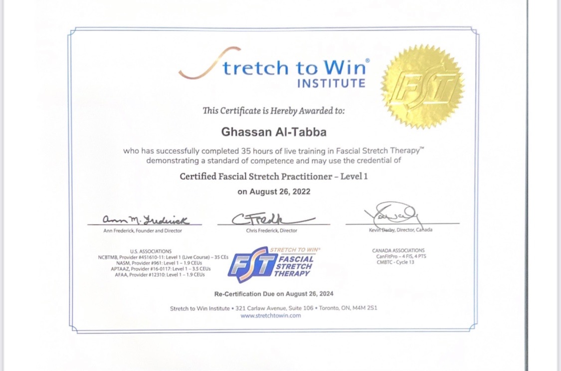 Certificate awarding Ghassan Al-Tabba the credential of Certified Fascial Stretch Practitioner Level 1 from Stretch to Win Institute