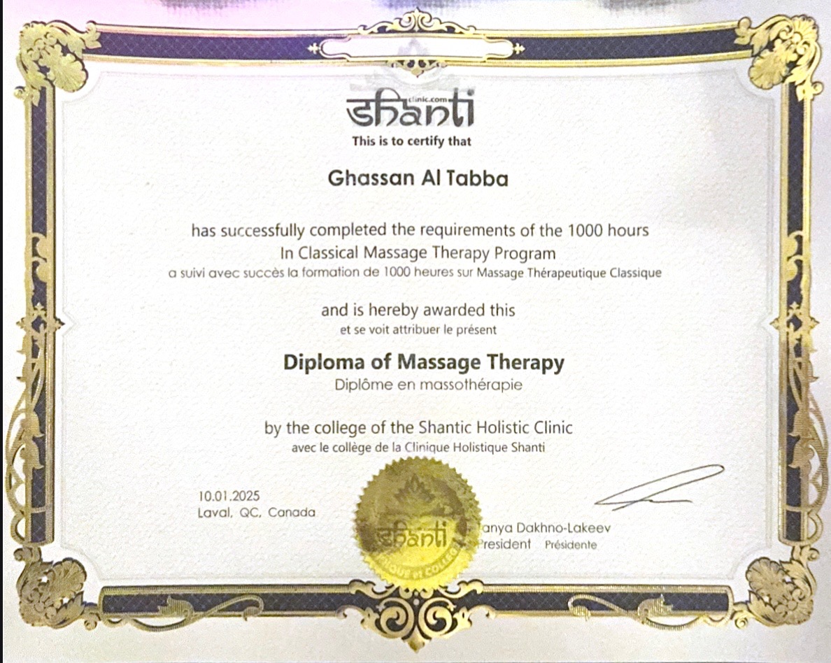 Bilingual Diploma of Massage Therapy / Diplôme en massothérapie awarded to Ghassan Al-Tabba by the Shanti Holistic Clinic in Laval